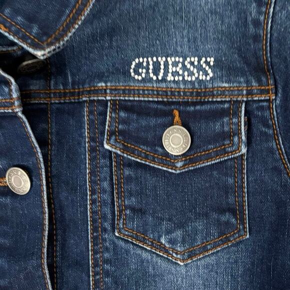 GUESS Girls Denim Jean Jacket Size 10 Rhinestone Logo Classic Stretch - Picture 3 of 7